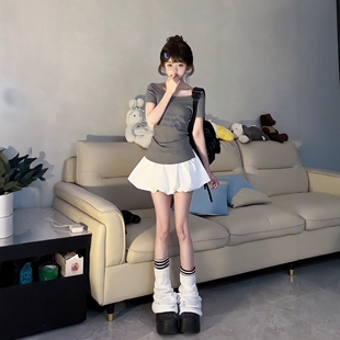 针织衫 斜肩短袖 花苞短裙显瘦两件套 女夏季 韩系甜妹风休闲运动套装