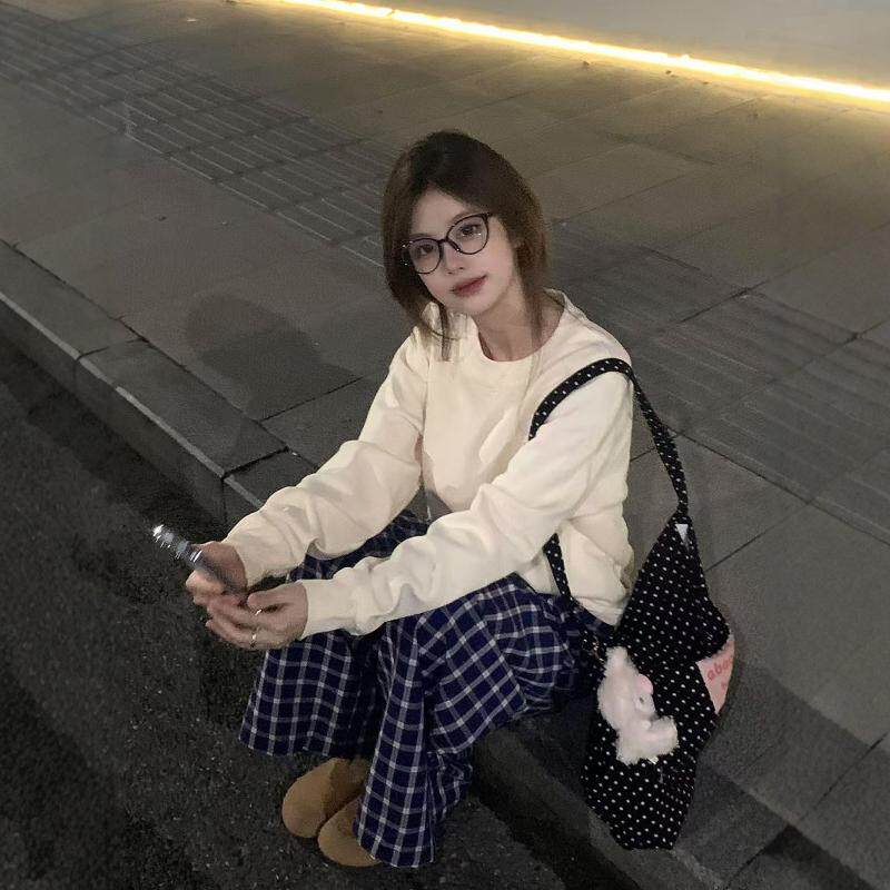 休闲运动服套装女秋季韩版简约卫衣格子长裤学院风洋气宽松两件套