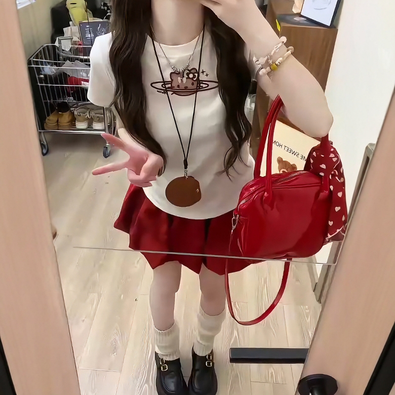 少女感修身休闲运动服套装女夏季纯棉正肩短袖蓬蓬短裙OOTD两件套