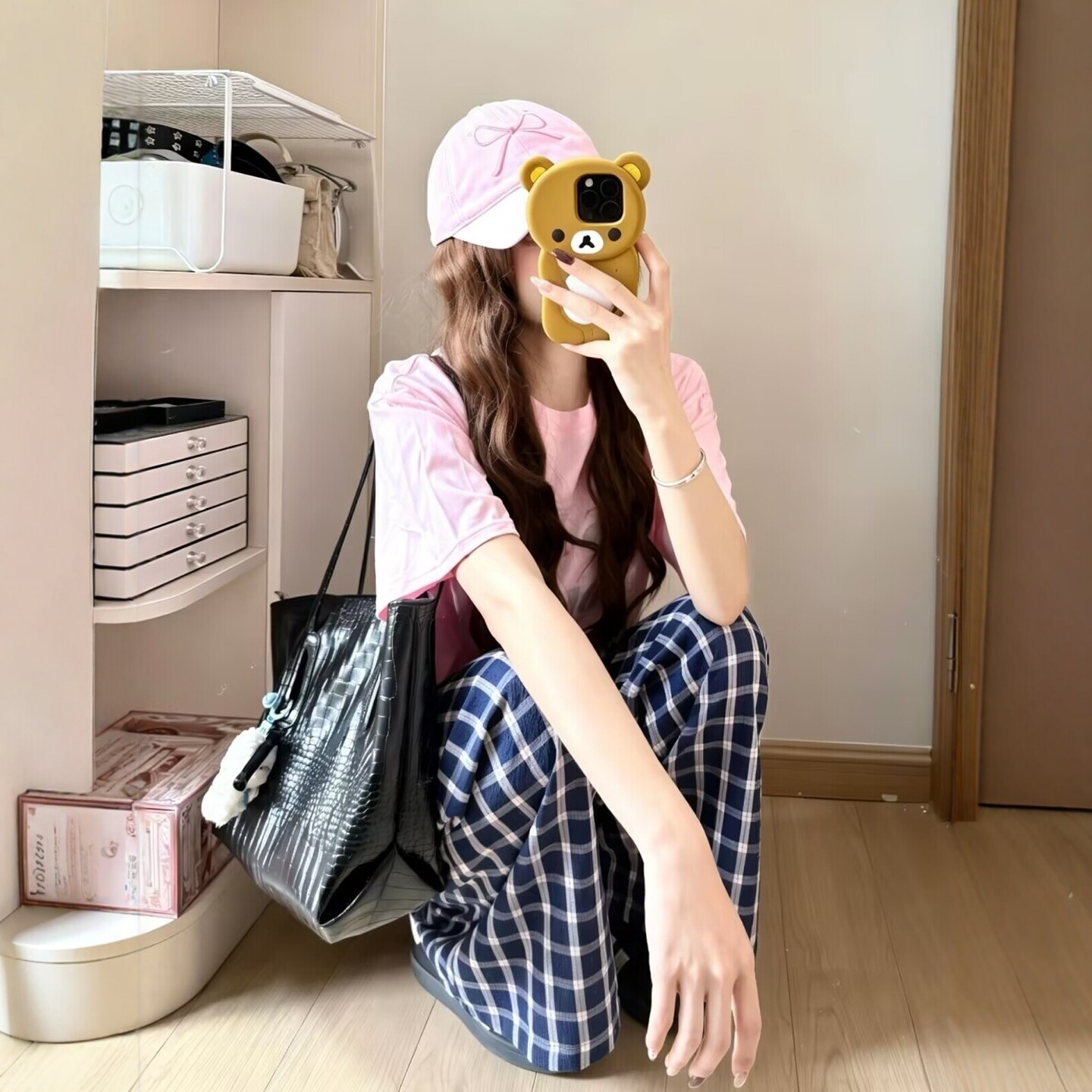 韩系软妹风休闲运动套装女夏季粉色字母短袖格子阔腿裤显瘦两件套
