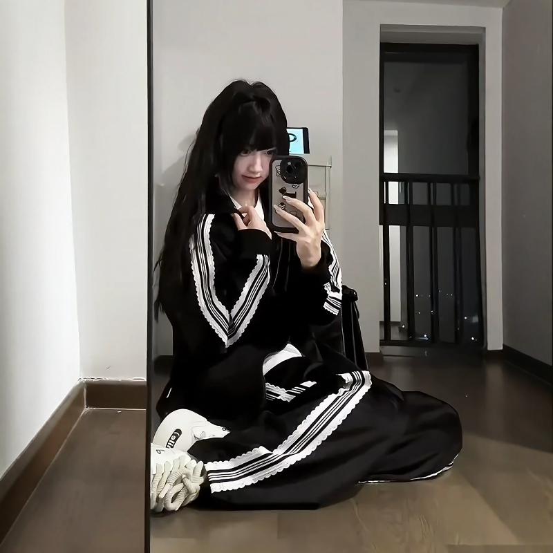 学院风休闲运动服套装女春秋季少年感开衫卫衣长裤宽松跑步两件套