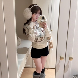 韩系穿搭休闲运动套装 显瘦两件套 女秋冬小鹿提花软糯圆通毛衣修身