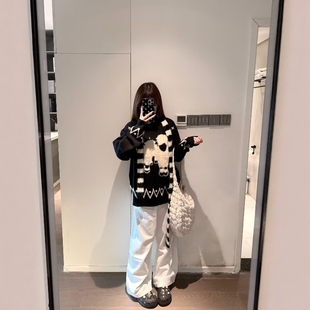 趣味软糯休闲运动套装 慵懒风宽松两件套 女秋冬提花圆领毛衣阔腿裤