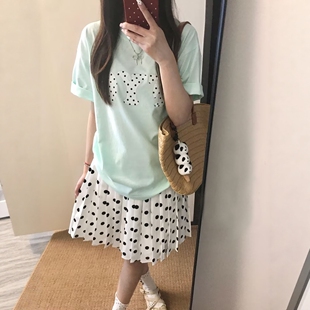 百褶中裙显瘦两件套 波点字母短袖 清新少女风休闲运动套装 女夏季