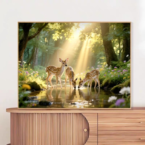 迎财接禄风水画森林小鹿客厅玄关挂画治愈系唯美风景画高级感有框