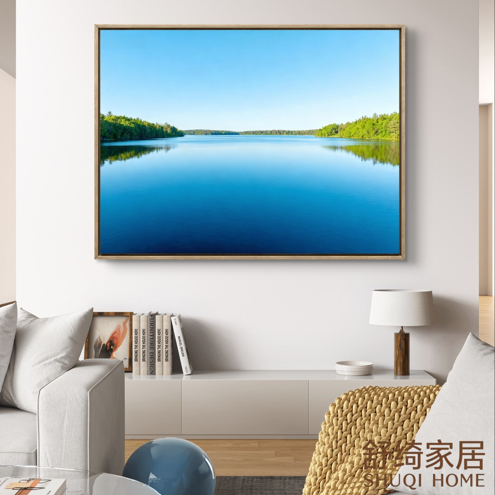 高级感山水湖客厅沙发背景墙装饰画办公室挂画五行喜水风水画定制,家居饰品,现代装饰画,淘宝优惠券,粉丝福利购,淘宝优惠卷