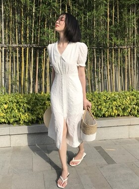 清仓！法式暗浮雕花白色连衣裙女神范气质中长裙