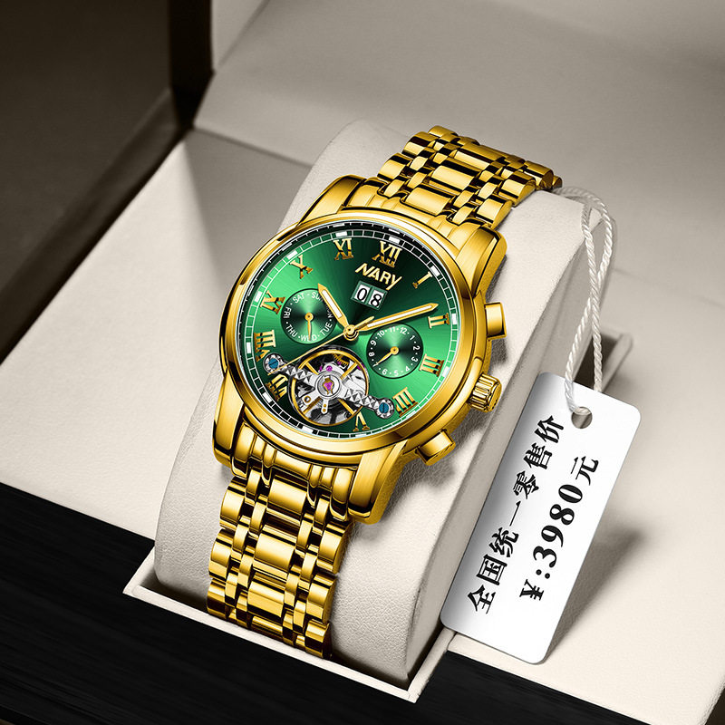 正品新款耐瑞全自动机械男士手表多功能陀飞轮镂空夜光日历商务表