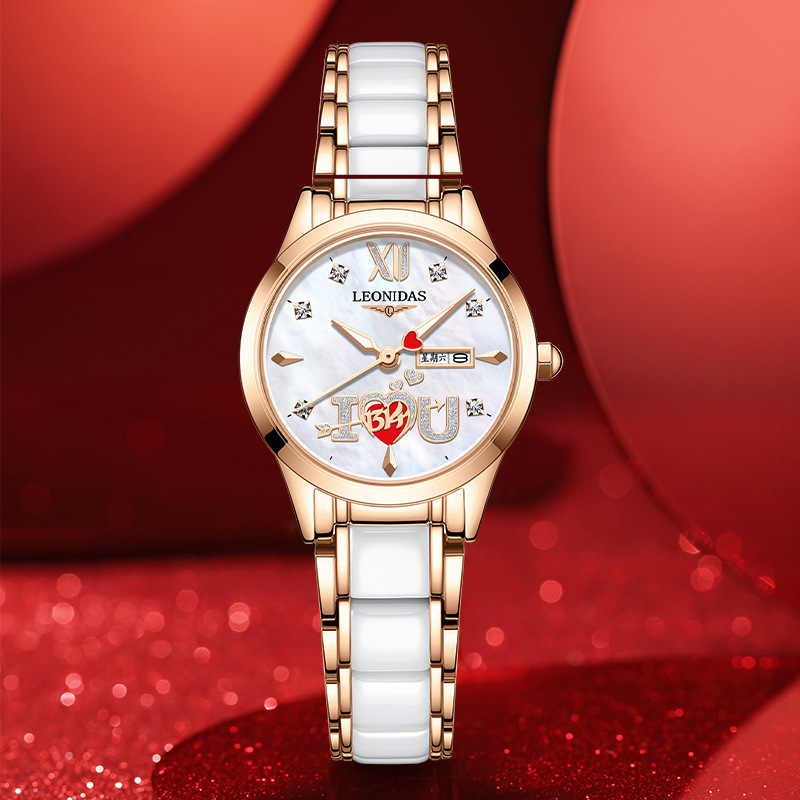 正品新款LEONIDAS时尚防水白色陶瓷女士表明星款520生日礼物女表