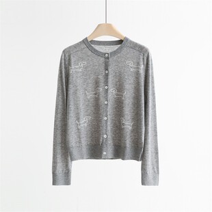 外贸原单超细羊毛小狗提花圆领针织开衫 减龄薄上衣外套 女长袖