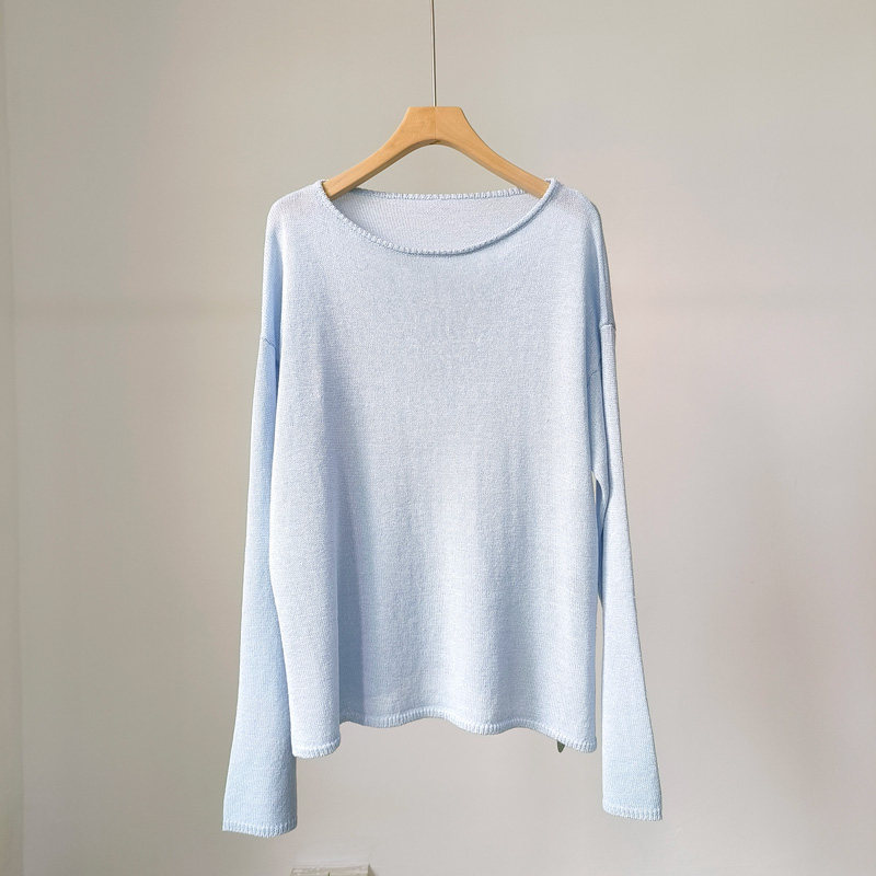 依格歌外贸原单進口和纸春夏慵懒感侧开叉宽针织衫一字领防晒罩衫