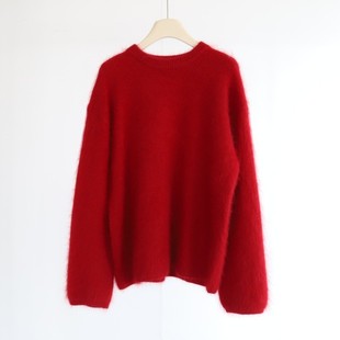 圣诞新年红毛衣 女秋冬柜货高品羊毛拉毛长毛圆领慵懒宽松针织衫