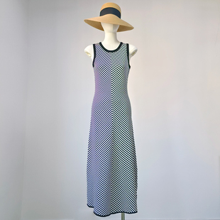 依格歌外贸法式气质款小圆领条纹修身针织连衣裙女无袖长款背心裙