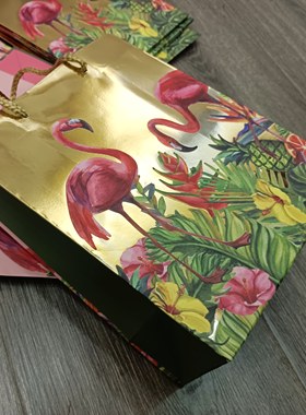 订单库存竖版中号 AB面图案 金粉色火烈鸟礼品包装手提袋纸袋子