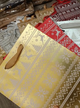 订单库存竖版中号大号金色银色红色圣诞树麋鹿礼品包装袋手提纸袋