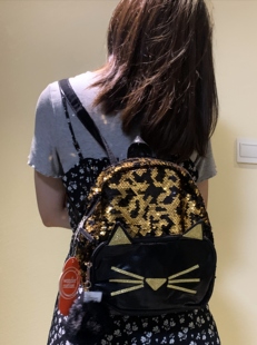 出口订单亮片黑色猫咪轻便女生休闲小号环保双肩背包