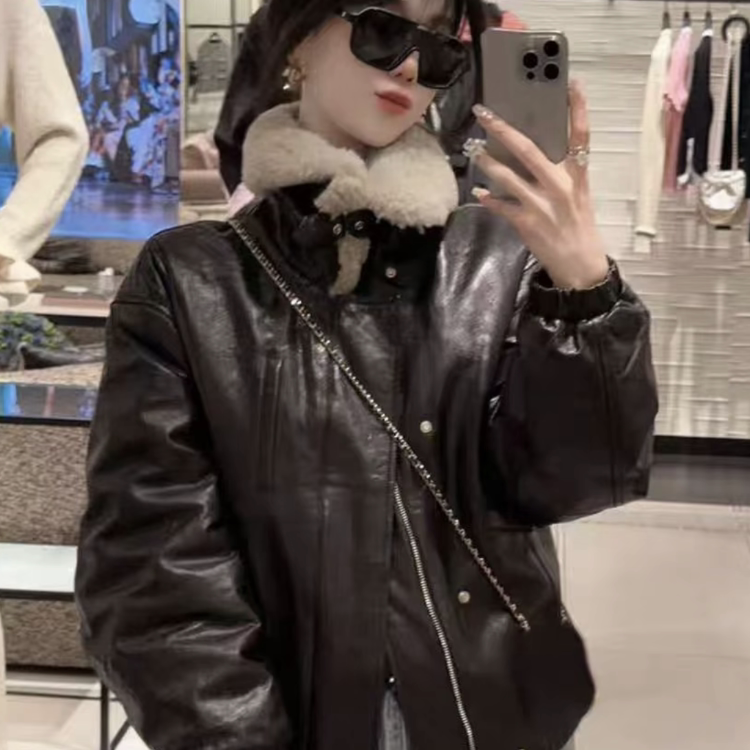 大彤彤同款真皮女羽绒服羊羔毛领中长款棒球服休闲外套皮衣显瘦潮