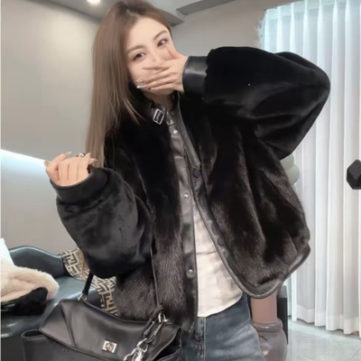 欧港妮短款水貂毛拼羊皮毛一体