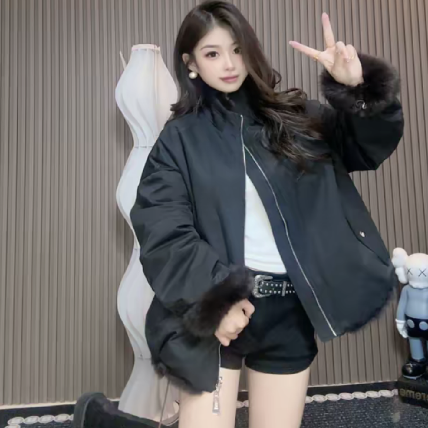 欧港妮中长款兔毛派克服外套