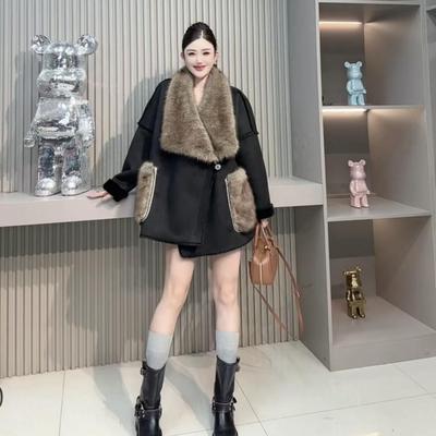 毛领中长款麂皮绒皮草欧港妮