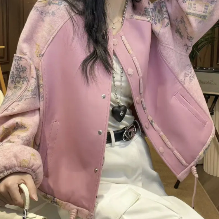 歐港妮短款圓領綿羊皮夾克毛呢