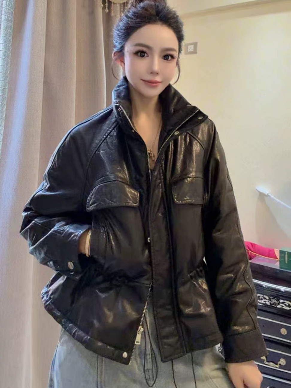 2026秋季新款真皮皮衣女短款牛皮油蜡皮羽绒服外套时尚保暖口袋潮