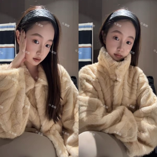 2025冬雪夜围炉 环保金叶貂领子可翻可立短款外套女短款皮草夹克