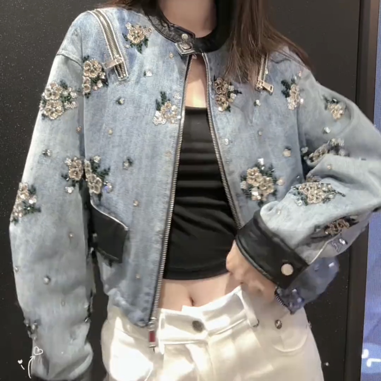欧港妮短款真皮拼牛仔外套