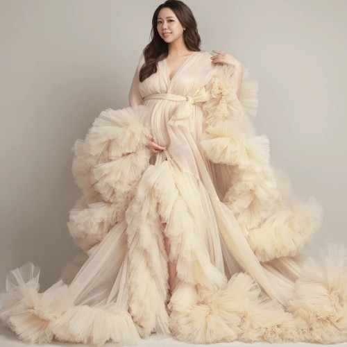 欧美定制唯美大裙摆网纱孕妇写真连衣裙影楼开衫大肚照服装拖地裙