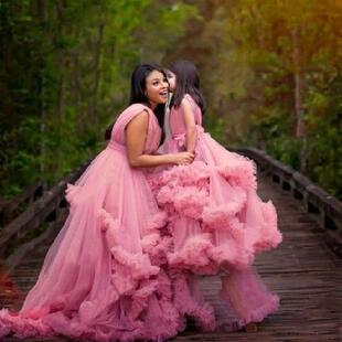 定制欧美超仙孕妇拍照亲子写真照蓬蓬网纱拖地唯美连衣裙儿童纱裙