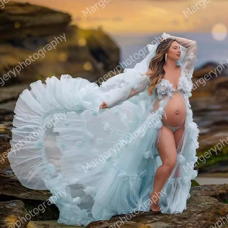 欧美亚马逊定制拖地晚礼服影楼孕妈亲子写真服装立体花裙母女装裙