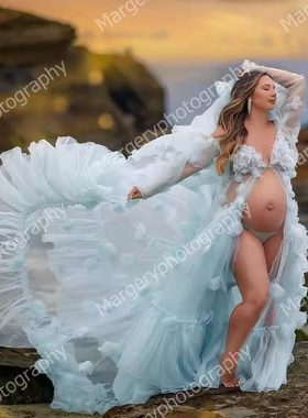 欧美亚马逊定制拖地晚礼服影楼孕妈亲子写真服装立体花裙母女装裙