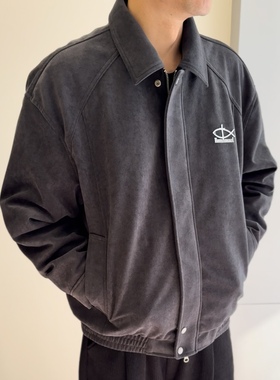 十字架得鱼仰望高品质男款冬款羽绒夹克鹿皮绒灰色翻领外套