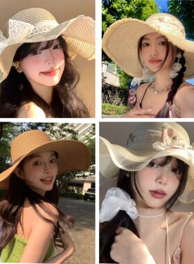 2026夏季网红草帽合集女生夏季海边出游度假甜美拉菲草编织遮阳帽