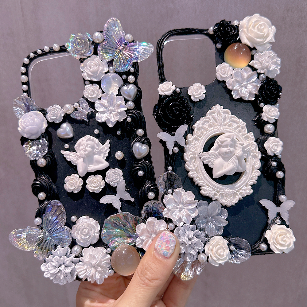 天使黑白花朵手机壳材料包diy奶油胶手工创意礼品自制手机保护套
