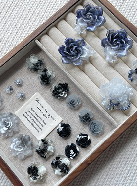 黑白渐变闪粉花朵高级感手工diy制作材料树脂配件小饰品发夹灰色