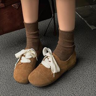 春季新品大码女鞋40-43码真皮平跟圆头鞋41 42系带勃肯鞋显脚小