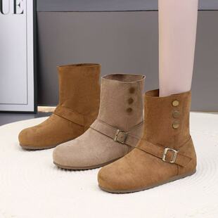 秋冬新款大码女靴40-43码反绒皮慕斯短靴圆头41 42舒适显脚小鞋子