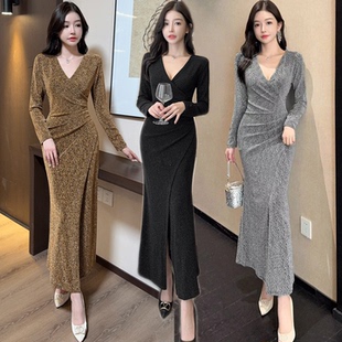 气质高级礼服时尚名媛新款连衣裙修身显瘦开叉长裙子深V性感女装