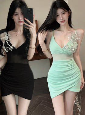 夜店女装露背网纱包臀吊带连衣裙