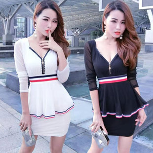 低胸性感连衣裙弹力网纱假两件套遮肉显身材女装 深V领夜店工作服