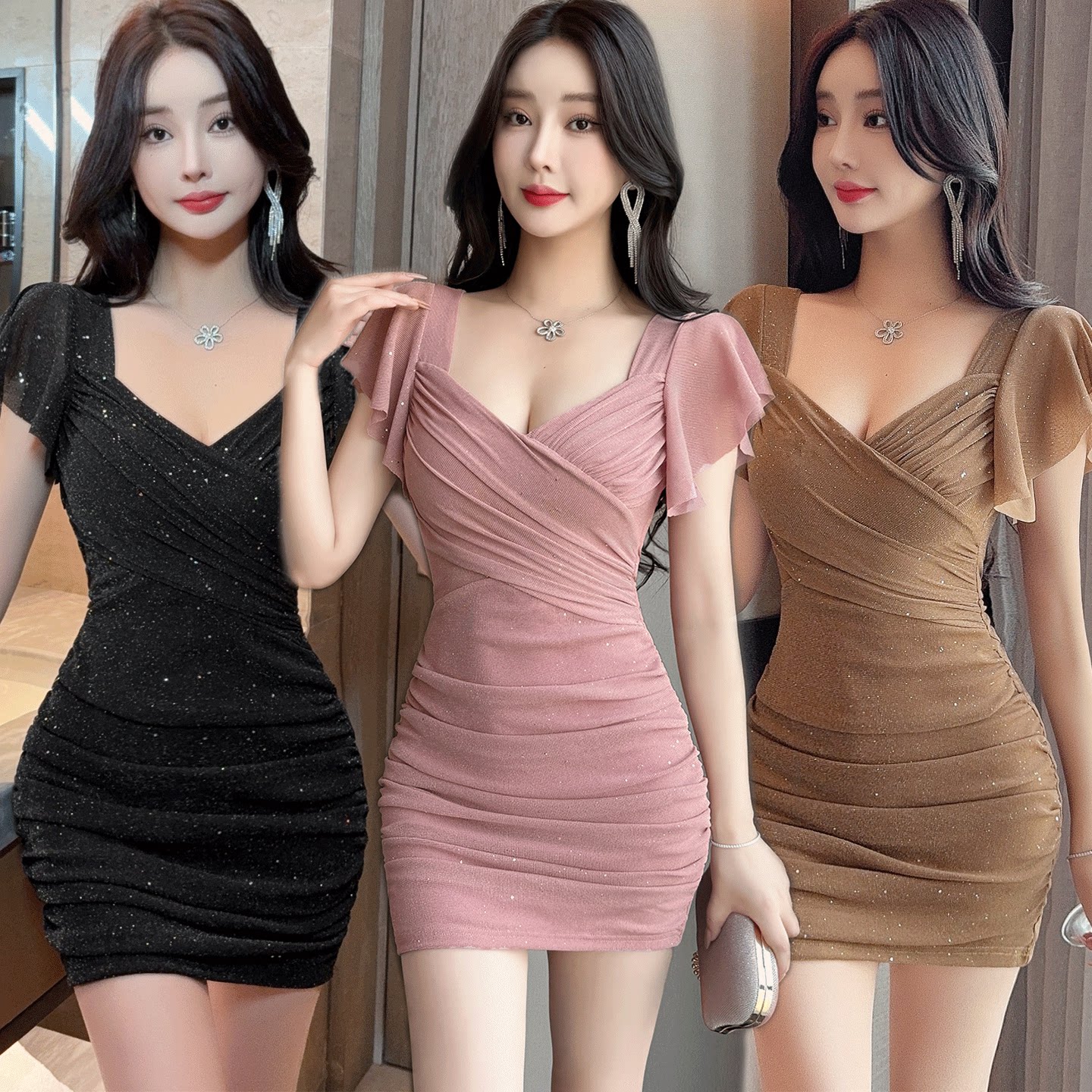 修身连衣裙新款女装性感夜店短裙纯欲风低胸技师服弹力网纱包臀裙