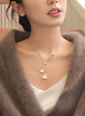 明星同款白贝母小裙子项链S925纯银女多层扇形锁骨链吊坠轻奢配饰