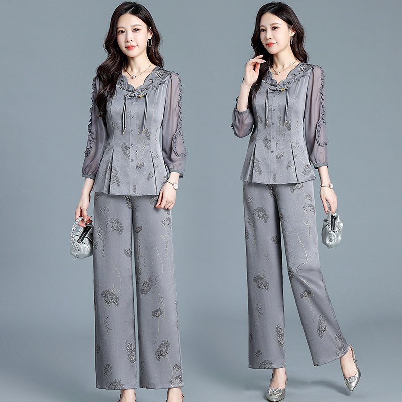 气质木耳花边衬衫阔腿裤两件套镂空V领八分雪纺袖长裤时尚套裤