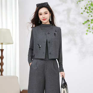 呢子短款搭扣马甲+针织长袖小衫+阔腿裤三件套时尚女装套裤