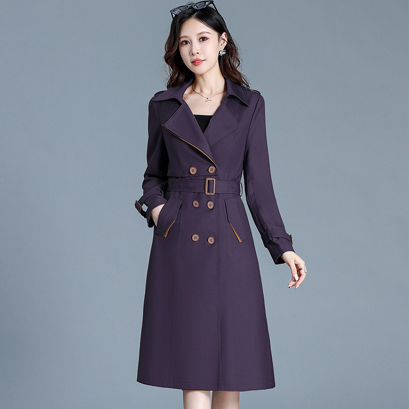 撞色西服领中长款风衣外套收腰系腰带双排扣显瘦气质通勤上衣