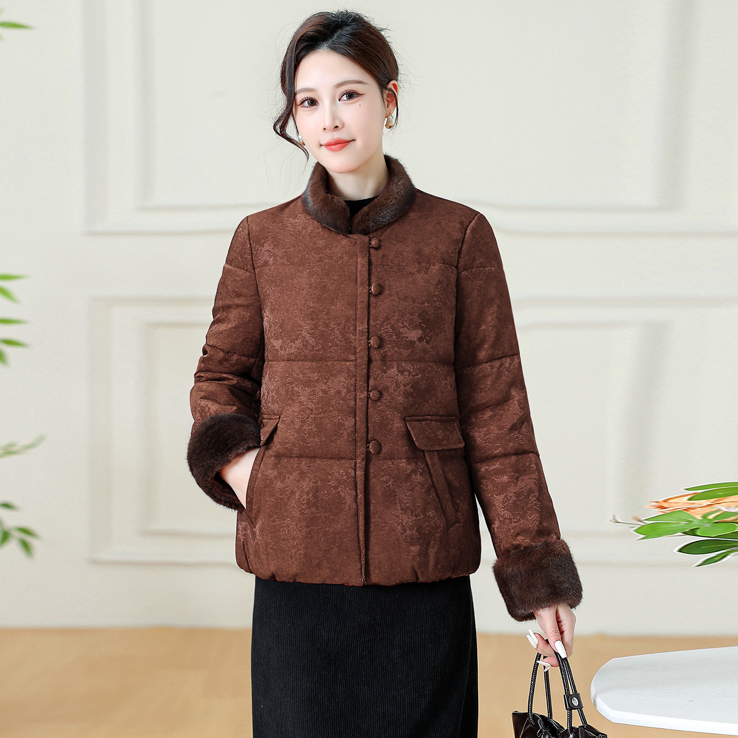 毛领提花包扣羊绒服国风棉袄填充绵羊毛中式棉外套高个子妈妈上衣