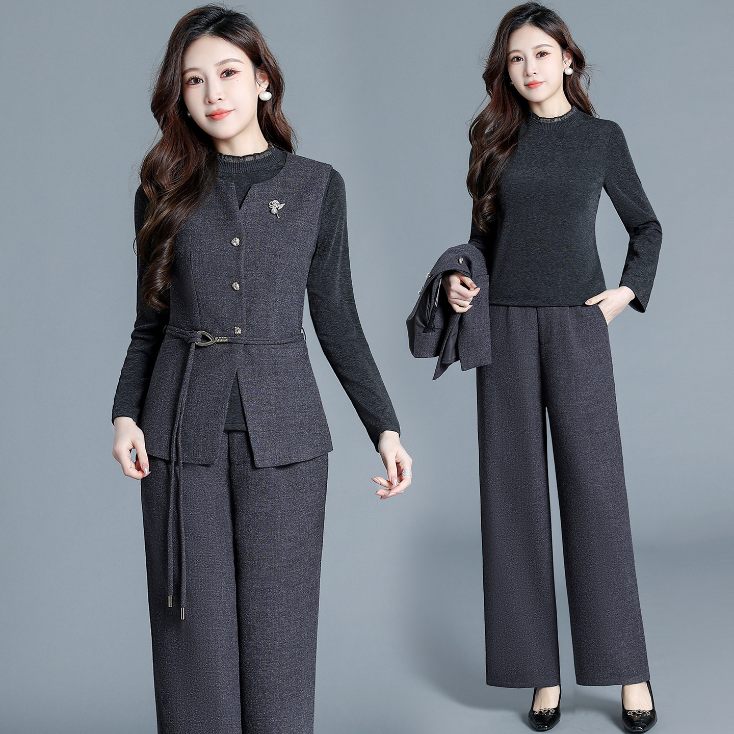 轻奢风小香风马甲长裤长袖针织小衫三件套裤女腰带收腰马夹套装,女装/女士精品,时尚套装,淘宝优惠券,粉丝福利购,淘宝优惠卷