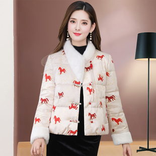 小红马国风短款羽绒服女立领白鸭绒保暖复古风提花妈妈装外套