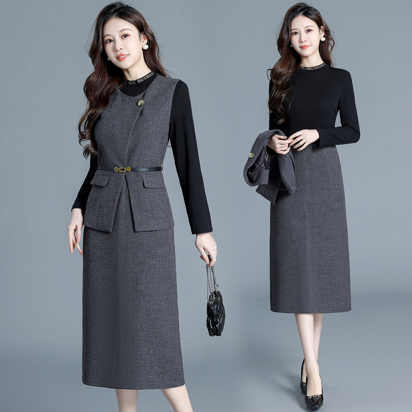 轻奢风小香风两件套裙女修身腰带收腰斜襟马甲长袖连衣裙套装,女装/女士精品,时尚套装,淘宝优惠券,粉丝福利购,淘宝优惠卷